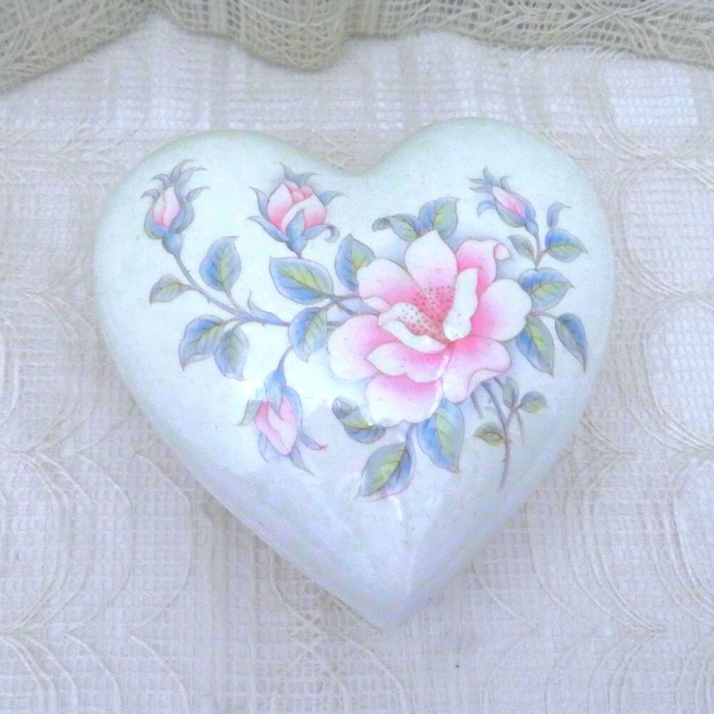 Handmade Ceramic Heart Trinket Dish, Lidded Rose Decor Treasure Box For Jewelry